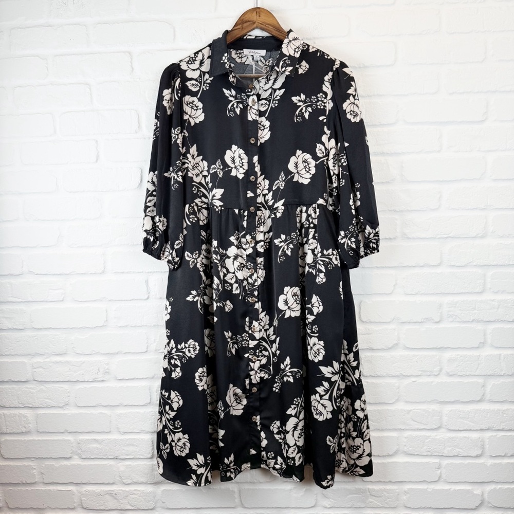 Polagram Black Floral Print Dress Collar Button Down Front Elastic Cuffs Medium